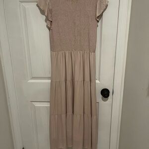 ZESICA Casual Flutter Short Sleeve Crew Neck Smocked Tiered Midi Dress